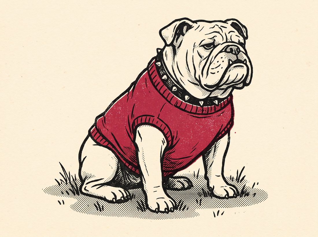 Screen-print illustration of a white English bulldog in a red sweater and studded collar, sitting on grass.